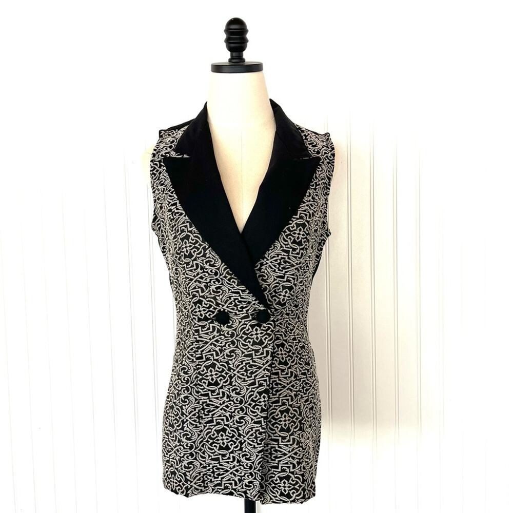 Vintage Black and White Tapestry Women's Long Vest Formal Medium Asian Style